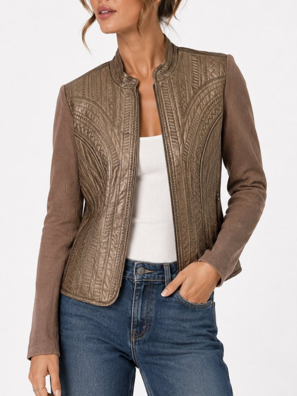 Y2K Mixed Media Leather Knit Zip Jacket Bronze by Peter Nygard